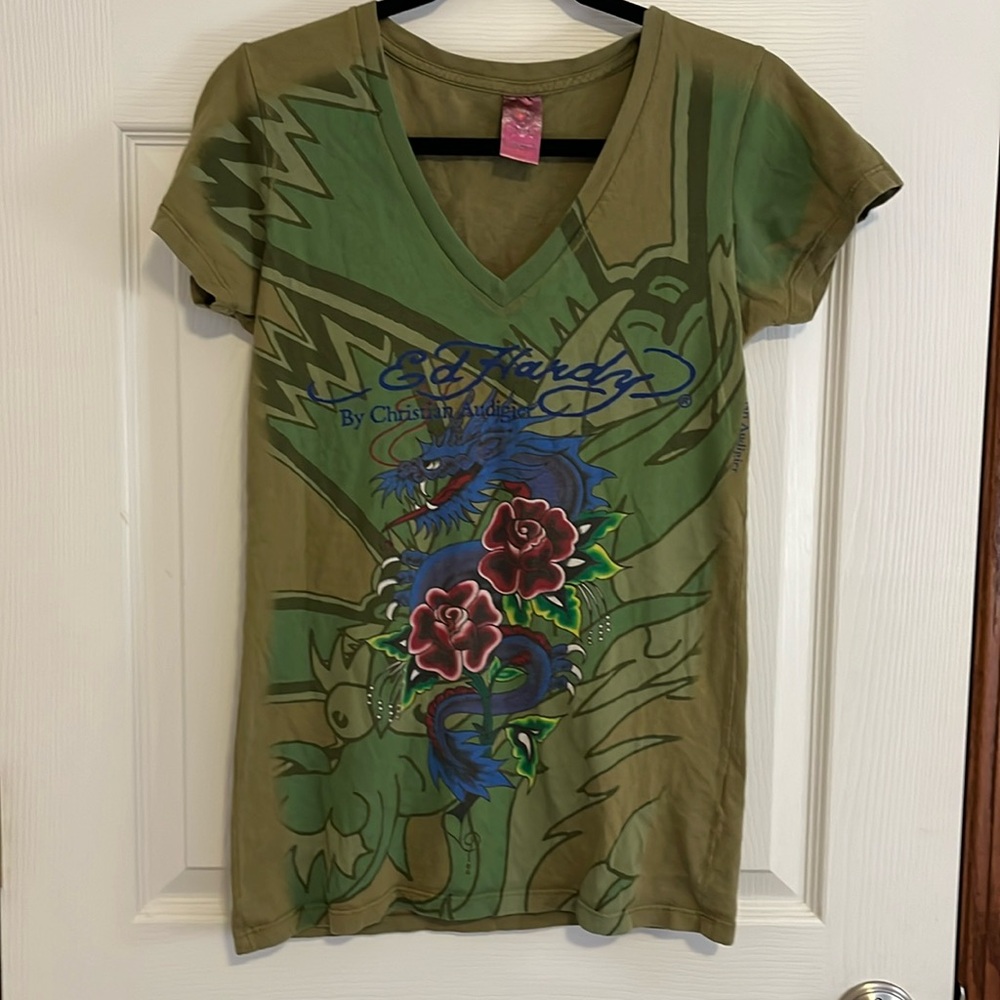 Ed Hardy by Christian Audigier Green V-Neck Tee T-Shirt Dragon Print Women’s Med